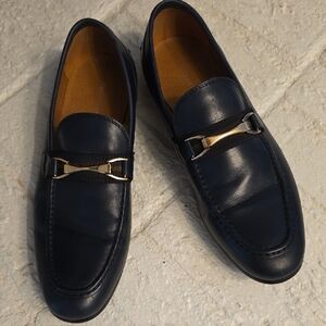 Saks Fifth Avenue Dark Blue Leather Loafers with gold horse-bit detail